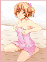  alternate_hairstyle barefoot brown_eyes brown_hair chuunibyou_demo_koi_ga_shitai! commentary_request female hair_ornament hair_up hairclip long_hair miyabi_(miyabi) naked_towel nibutani_shinka sitting solo towel wariza 