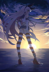  bad_id bad_pixiv_id black_panties cloud commentary_request crop_top elbow_gloves female from_behind full_body gloves high_heels highleg highleg_panties highres horizon kantai_collection long_hair miniskirt ocean outdoors panties pimgier school_uniform serafuku shimakaze_(kancolle) skirt sky solo striped_clothes striped_thighhighs sunset thighhighs underwear very_long_hair white_gloves 