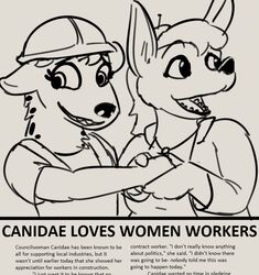  2016 anthro armor aurelina_canidae canid canine clothed clothing disney duo english_text eyebrows female hard_hat headgear helmet hyena mammal newspaper open_mouth revy_(vawfag) spotted_hyena text vawfag zootopia 