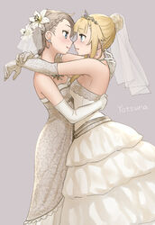  2girls ange_(princess_principal) blonde_hair blue_eyes braided_bun breasts bridal_veil dress earrings face_to_face flower flower_in_hair gloves grey_hair hair_bun hugging imminent_kiss necklace princess_(princess_principal) princess_principal short_hair side_braid small_breasts strapless_dress tiara wedding_dress wholesome wife_and_wife yotsura yuri 