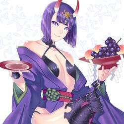  akapug621 bad_id bad_pixiv_id blunt_bangs collarbone cup fangs fate/grand_order fate_(series) female flat_chest food fruit grapes hair_ornament holding horns japanese_clothes kimono looking_at_viewer obi oni open_clothes open_kimono purple_eyes purple_hair purple_kimono sakazuki sash shiny_skin short_hair shuten_douji_(fate) sitting skin-covered_horns solo thighhighs white_background 