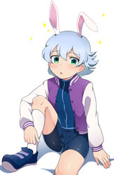  1boy animal_ears bike_shorts blue_hair blush bulge chokutsuu_(menino) commentary_request doraemon doraemon:_nobita_no_getsumen_tansaki green_eyes highres jacket kneehighs letterman_jacket light_blue_hair looking_at_viewer male_focus open_mouth rabbit_boy rabbit_ears shoes simple_background sneakers socks solo sparkle tsukino_luca white_background white_socks 