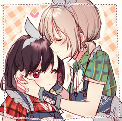  2girls aoba_moca apron bang_dream! black_hair blue_apron blush bow closed_eyes commentary_request earrings green_shirt grey_bow grey_hair hairbow heart heart_earrings jewelry matching_earrings matching_outfits mitake_ran mizukikushou multicolored_hair multiple_girls one_eye_closed orange_background plaid plaid_background plaid_shirt red_eyes red_hair red_shirt shirt short_hair streaked_hair upper_body yuri 