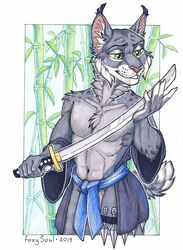  2019 5_fingers anthro asian_clothing bamboo belt black_tsukamaki clothing east_asian_clothing felid feline fingers foxysoul fur gold_habaki gold_tsuba green_eyes grey_body grey_fur hi_res japanese_clothing japanese_sword kimono kunai lynx male mammal melee_weapon navel signature smile solo sword throwing_knife wakizashi weapon white_body white_fur 