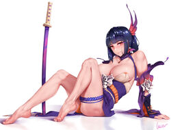  areola_slip arm_support bare_legs barefoot blue_hair blush breasts brown_eyes chinese_commentary choker cleavage commentary_request detached_sleeves feet female hair_between_eyes hair_ornament highres huge_breasts katana large_breasts laserflip long_hair looking_at_viewer mole mole_under_eye open_mouth original photoshop_(medium) reclining sheath sitting smile solo sword thighs toes weapon 