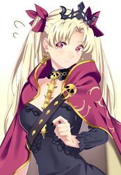  akapug621 bad_id bad_pixiv_id black_nails black_shirt blonde_hair blush bow breasts cape choker diadem earrings ereshkigal_(fate) fate/grand_order fate_(series) female hairbow jewelry long_hair long_sleeves looking_at_viewer medium_breasts nail_polish parted_lips print_cape red_bow red_cape red_eyes shirt simple_background single_sleeve skull solo standing sweatdrop two_side_up upper_body very_long_hair white_background 