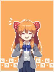  bad_id bad_twitter_id blue_bow blue_necktie bow closed_eyes commentary_request cowboy_shot facing_viewer female flotia_0127 gekkan_shoujo_nozaki-kun hairbow korean_commentary long_sleeves necktie notice_lines open_mouth orange_background orange_hair outline pixel_art polka_dot polka_dot_bow red_bow rouman_academy_school_uniform sakura_chiyo school_uniform simple_background smile solo white_outline 