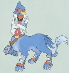  2015 5_fingers avian avian_taur beak belt bird blue_background blue_body blue_eyes blue_feathers bottomless claws clothed clothing crossed_arms cyan_background electronics eyelashes falco_lombardi falcon falconid feathers felid felid_taur fingers foulard gryphon gryphon_taur headgear headphones headset jacket looking_at_viewer male mammal mammal_taur metalpandora mythological_avian mythological_creature mythology nintendo pawpads paws pink_pawpads powder_blue_background raised_paw simple_background smile solo standing star_fox taur taurification text topwear 