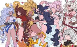  armor azrael_(granblue_fantasy) bad_id bad_twitter_id black_hair blue_eyes breast_press breasts brown_hair dark-skinned_female dark_skin gabriel_(granblue_fantasy) gloves granblue_fantasy halluel_(granblue_fantasy) highres israfel_(granblue_fantasy) leotard long_hair lucilius_(granblue_fantasy) malluel_(granblue_fantasy) michael_(granblue_fantasy) multiple_girls open_mouth puffy_sleeves red_eyes short_hair smile sonokao_aku symmetrical_docking white_hair 