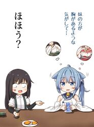  2girls ? angry animal_ears arm_warmers asashio_(azur_lane) asashio_(kancolle) azur_lane bad_id bad_twitter_id bell black_hair blue_eyes blue_hair blush breast_envy breasts buttons can cat_ears comiching commentary crossover energy_drink food hair_ornament hair_ribbon highres historical_name_connection holding kantai_collection long_hair long_sleeves looking_at_viewer medium_breasts michishio_(azur_lane) monster_energy multiple_girls name_connection ooshio_(azur_lane) open_mouth ribbon school_uniform shirt short_sleeves sitting skirt small_breasts smile suspenders table talking translated white_shirt wide_sleeves 