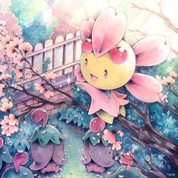  artist_name branch bush caomor cherrim cherrim_(overcast) cherrim_(sunshine) cherry_blossoms closed_eyes commentary day fence flower light_rays no_humans open_mouth outdoors painting_(medium) pink_flower pokemon pokemon_(creature) smile sunbeam sunlight symbol-only_commentary traditional_media tree watercolor_(medium) 