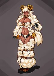  animal_ears artist_request bell belt blush breasts cleavage dark_skin female female highres horns large_breasts monster_girl monster_girl_encyclopedia navel red_eyes smile solo tongue tongue_out weresheep white_hair 