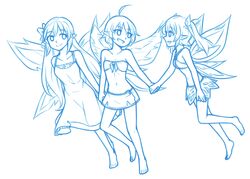  3girls :d ahoge bandeau bare_arms bare_legs bare_shoulders barefoot blue_theme collarbone commentary_request dress eyes_visible_through_hair fairy fairy_wings flat_chest hair_ribbon holding_hands lilli_(rabi-ribi) line_art long_hair looking_at_another monochrome multiple_girls navel open_mouth pixie_(rabi-ribi) pointy_ears rabi-ribi ribbon ribbon_(rabi-ribi) short_hair simple_background skirt sleeveless sleeveless_dress smile speckticuls stomach strapless twintails very_long_hair white_background wings 