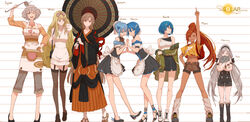  6+girls apron backpack bag bare_shoulders blonde_hair blue_hair bow commentary crop_top dark-skinned_female dark_skin dishwasher1910 earth-chan english_commentary garter_straps hairband hairbow height_chart highres jacket japanese_clothes jupiter-chan jupiter_(planet) ladle maid mars-chan mars_(planet) md5_mismatch mercury_(planet) multiple_girls neptune_(planet) original parasol personification planet pluto_(planet) ponytail resolution_mismatch saturn-chan saturn_(planet) solar_system source_larger sun thighhighs umbrella uranus-chan uranus_(planet) venus_(planet) zettai_ryouiki 