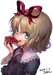  aged_down blonde_hair blue_eyes bow bowtie capelet commentary_request cranberry doll dqn_(dqnww) eating female flower food food_on_face frilled_shirt frilled_shirt_collar frilled_sleeves frills fruit hair_ribbon jam lily_of_the_valley looking_at_viewer medicine_melancholy pomegranate puffy_short_sleeves puffy_sleeves red_bow red_bowtie red_ribbon ribbon shirt short_hair short_sleeves solo stain touhou wavy_hair 