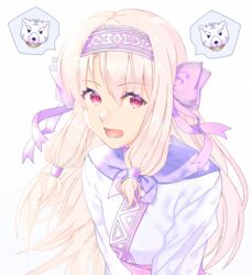  :d ainu_clothes akapug621 bad_id bad_pixiv_id blonde_hair bow fate/grand_order fate_(series) female floating_hair hair_between_eyes hairband hairbow illyasviel_von_einzbern long_hair looking_at_viewer open_mouth pink_bow print_hairband red_eyes shirou_(bear)_(fate) simple_background sitonai_(fate) smile solo speech_bubble upper_body very_long_hair white_background 