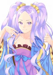  akapug621 bad_id bad_pixiv_id blue_bow blue_ribbon bow chinese_clothes collarbone fate/grand_order fate_(series) female frills hair_ornament hanfu long_hair long_sleeves looking_at_viewer open_clothes parted_bangs purple_eyes purple_hair ribbon shiny_skin simple_background smile solo twintails upper_body very_long_hair white_background wu_zetian_(fate) wu_zetian_(first_ascension)_(fate) 