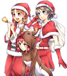  3girls :d animal_costume animal_ears antlers bag bell blue_eyes bow brown_hair brown_hoodie capelet commentary cyaron!_(love_live!) deer_ears fake_animal_ears fake_antlers fur-trimmed_capelet fur-trimmed_gloves fur-trimmed_headwear fur-trimmed_sweater fur_trim gloves green_eyes hairbow hat highres holding holding_bag holding_bell hood hood_up hoodie horns kurosawa_ruby long_sleeves love_live! love_live!_sunshine!! miniskirt multiple_girls nakano_maru open_mouth pants parted_lips pleated_skirt red_capelet red_gloves red_hair red_headwear red_pants red_shorts red_skirt red_sweater reindeer_antlers reindeer_costume santa_costume santa_gloves santa_hat short_hair shorts skirt smile standing sweater takami_chika watanabe_you yellow_bow 