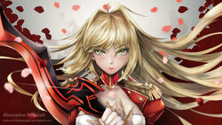  ahoge akaisu artist_name blonde_hair breasts cleavage commentary dress fate/extra fate/grand_order fate_(series) female floating_hair green_eyes highres holding holding_sword holding_weapon large_breasts long_hair looking_at_viewer nero_claudius_(fate) nero_claudius_(fate/extra) photoshop_(medium) solo sword upper_body watermark weapon web_address 