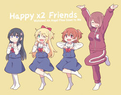  4girls :3 :d arms_up black_hair blonde_hair blue_dress blue_eyes blush brown_hair closed_eyes commentary commentary_typo copyright_name dancing dress flower green_eyes hair_flower hair_ornament hair_over_one_eye happy_happy_friends hatafuta himesaka_noa hoshino_hinata hoshino_miyako_(wataten) jacket long_hair medium_hair multiple_girls no_shoes one_eye_closed one_side_up open_mouth orange_hair pants pinafore_dress ponytail red_eyes red_jacket red_track_suit school_uniform shirosaki_hana short_hair simple_background sleeveless sleeveless_dress smile standing standing_on_one_leg track_jacket track_pants track_suit watashi_ni_tenshi_ga_maiorita! white_legwear 