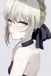  artoria_pendragon_(fate) bad_id bad_twitter_id bare_shoulders blonde_hair braid breasts choker commentary_request fate/grand_order fate_(series) female from_side hair_between_eyes hair_ornament hair_ribbon highres ka1se1 looking_at_viewer parted_lips ribbon saber_alter short_hair simple_background small_breasts solo strapless upper_body white_background yellow_eyes 