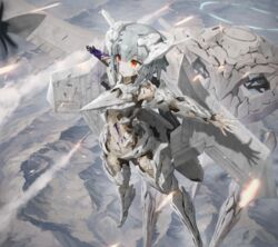  ace_combat ace_combat_7 aircraft airplane amputee android arm_up arms_up arsenal_bird blood blood_on_face body_armor bullet_hole character_name commentary_request damaged day female flying from_above glowing halo highres human_shield injury mecha_musume mechanical_parts missile missile_trail missiles mountain mq-101 outdoors pale_skin personification propeller red_eyes robot shadow short_hair silver_hair smoke smoke_trail tom-neko_(zamudo_akiyuki) war 