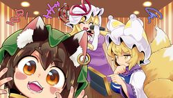  3girls absurdres against_fourth_wall animal_ear_piercing animal_ears animal_hat arms_up blonde_hair breast_rest breasts brown_eyes brown_pupils cat_ears ceiling_light chen choker closed_eyes collared_vest colored_eyelashes commentary_request dress elbow_gloves focused fourth_wall fox_tail gloves green_headwear hair_between_eyes hands_up happy hat hat_ribbon highres holding holding_instrument holding_microphone indoors instrument jewelry long_hair long_sleeves looking_at_viewer medium_breasts microphone mob_cap multiple_girls multiple_tails music musical_note open_mouth pmx purple_dress red_ribbon ribbon ribbon_choker room short_eyebrows short_hair singing sitting smile squiggle standing tabard table tail tambourine teeth tongue touhou vest wall white_dress white_gloves white_headwear yakumo_ran yakumo_yukari yellow_eyes 