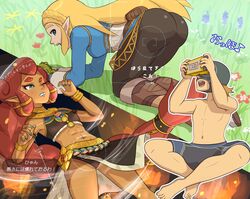  1boy 2girls ass blonde_hair blush commentary_request dark-skinned_female dark_skin frog gerudo gonzarez green_eyes head-mounted_display highres jewelry link mask multiple_girls muscular muscular_female navel nintendo_labo one_eye_closed panties pants pantyshot pointy_ears princess_zelda radiant_set_(zelda) red_hair riju smile the_legend_of_zelda the_legend_of_zelda:_breath_of_the_wild underwear veil viewfinder 