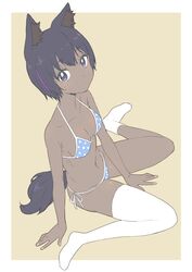  absurdres animal_ears animare asymmetrical_legwear bad_id bad_twitter_id bikini black_hair blue_bikini breasts collarbone dark-skinned_female dark_skin dog_ears dog_tail donguri_suzume female from_above highres kuroinu_karubi kuroneko_nanashi looking_at_viewer mismatched_legwear multicolored_hair nail_polish nanashi_inc. navel pink_nails purple_eyes purple_hair ribs short_hair simple_background single_thighhigh sitting solo spread_legs streaked_hair swimsuit tail thighhighs virtual_youtuber white_legwear yellow_background 