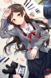  absurdres bad_id bad_pixiv_id blurry brown_eyes brown_hair cellphone cherry_blossoms closed_mouth collarbone depth_of_field eraser female highres idolmaster idolmaster_million_live! idolmaster_million_live!_theater_days junior_high_schoolmate_(idolmaster) kitazawa_shiho kurousagi_yuu light_smile long_hair long_sleeves lying official_alternate_costume on_back pen pencil petals phone plaid pleated_skirt ruler school_uniform set_square skirt smartphone smile solo stuffed_animal stuffed_cat stuffed_toy uniform uniform_series_(idolmaster) upside-down 