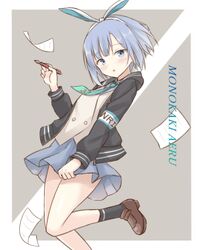  blue_eyes blue_hair blush character_name commentary covering_privates female foot_out_of_frame gudou_(gdo_514) headband leg_up looking_at_viewer monokaki_aer necktie open_mouth paper pen re_aer school_uniform shoes short_hair simple_background solo virtual_youtuber 