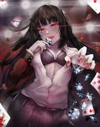  absurdres akaisu black_bow black_bra black_hair blunt_bangs blurry blurry_background blush bow bow_bra bra breasts card collarbone commentary female highres hime_cut hyakkaou_academy_school_uniform jabami_yumeko jacket jewelry kakegurui lace lace-trimmed_bra lace_trim large_breasts lips long_hair long_sleeves looking_at_viewer nail_polish open_clothes open_mouth open_shirt photoshop_(medium) playing_card pleated_skirt poker_chip red_eyes red_jacket red_lips ring school_uniform shirt skirt smile solo sweat thumb_ring underwear very_long_hair white_shirt 