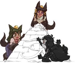  3girls :d aged_down animal_ears animal_hands anubis_(monster_girl_encyclopedia) bad_link black_hair blush_stickers brown_eyes brown_hair colored_skin commentary commission dark-skinned_female dark_skin eye_of_horus gazer_(monster_girl_encyclopedia) green_hair grey_skin jewelry lolicon long_hair monster_girl monster_girl_encyclopedia multiple_girls oerba_yun_fang open_mouth purple_eyes pyramid_(structure) red_eyes rtil scarf simple_background smile snow tail tentacle white_background winter_clothes 