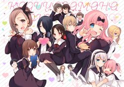  &gt;_&lt; 3boys 6+girls :d ;d animal black_hair blue_eyes blush bow braid breast_press brown_eyes brown_hair canine clipboard closed_eyes everyone fujiwara_chika fujiwara_moeha glasses grey_hair hairbow hayasaka_ai heart highres hug iino_miko ishigami_yuu kaguya-sama_wa_kokurasetai_~tensai-tachi_no_renai_zunousen~ kashiwagi_nagisa kino_karen kose_erika koyasu_tsubame long_hair multiple_boys multiple_girls one_eye_closed open_mouth osaragi_kobachi pink_hair ribbon school_uniform senmen_kinuko shijou_maki shinomiya_kaguya shirogane_kei shirogane_miyuki shoes short_hair shuuchiin_academy_school_uniform side_ponytail smile tanuma_tsubasa tareme tsurime twintails uwabaki wavy_mouth xd 