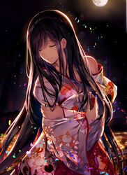  alternate_costume black_hair city_lights closed_eyes closed_mouth commentary_request cowboy_shot eien_no_juu_nana-sai facing_viewer female floral_print hakama hakama_skirt houraisan_kaguya japanese_clothes kimono kimono_pull long_hair night night_sky off_shoulder outdoors print_kimono railing red_hakama self_hug single_bare_shoulder skirt sky smile solo sweat touhou very_long_hair wide_sleeves 