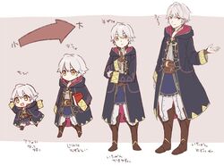  1boy age_progression blush cape chibi commentary_request fire_emblem fire_emblem_awakening gloves hood looking_at_viewer male_focus menoko pokemon protected_link robe robin_(fire_emblem) robin_(male)_(fire_emblem) short_hair simple_background smile white_hair yellow_eyes 