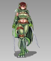  artist_request belt blush claws dual_wielding female female gloves holding lizardman_(monster_girl_encyclopedia) midriff monster_girl red_eyes scales solo sword tagme weapon 