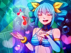  :d air_bubble argyle_background bare_shoulders bikini bikini_top_only blue_hair breasts bubble cleavage closed_eyes commentary_request detached_sleeves drill_hair eyes_visible_through_hair female hair_between_eyes hair_ribbon hand_on_own_chest heart medium_breasts medium_hair music musical_note open_mouth rabi-ribi ribbon seana_(rabi_ribi) see-through singing single_detached_sleeve smile solo speckticuls striped_bikini striped_clothes swimsuit underwater upper_body yellow_ribbon 