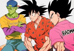  3boys alternate_costume arm_at_side arms_at_sides backwards_hat bad_id bad_twitter_id baseball_cap black_eyes black_hair clothes_writing colored_skin commentary crossed_arms denim domo_mk02 dragon_ball dragon_ball_z english_text expressionless fingernails frown green_skin grey_background hat jeans layered_sleeves long_hair long_sleeves looking_away male_focus multiple_boys muscular muscular_male orange_shirt pants piccolo pink_shirt pink_undershirt pointy_ears profile serious sharp_fingernails shirt short_over_long_sleeves short_sleeves simple_background sitting smile son_goku spiked_hair symbol-only_commentary triangle triangle_print undershirt upper_body vegeta white_undershirt yellow_shirt 