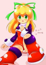  android blonde_hair blush breasts capcom commentary_request dress female green_eyes hair_between_eyes hair_ribbon hand_on_own_chest high_ponytail highres long_hair looking_at_viewer mega_man_(classic) mega_man_(series) mega_man_8 open_mouth orangehamu panties pantyshot ponytail red_dress ribbon roll_(mega_man) sidelocks sitting small_breasts solo underwear white_panties 