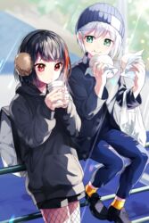  2girls aoba_moca aqua_eyes backpack bag bang_dream! baozi beanie black_footwear black_hair black_shorts black_sweater blue_pants commentary_request cup disposable_coffee_cup disposable_cup earmuffs eating fingernails fishnet_pantyhose fishnets food food_on_face gen_(gen_m_gen) hat highres hood hood_down hooded_sweater mitake_ran multicolored_hair multiple_girls on_railing pants pantyhose railing red_eyes red_hair short_hair shorts socks streaked_hair sweater white_bag white_hair winter winter_clothes yellow_legwear 