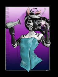  black_border border cellphone dryer electronics equid equine femboy hair_dryer hi_res kiwa_flowcat male mammal marble_(kiwa_flowcat) phone simple_background solo teeth towel zebra 