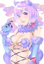  :d akapug621 animal_ears arm_behind_back bad_id bad_pixiv_id black_nails blue_gloves blush bow breasts choker cleavage elbow_gloves fate/grand_order fate_(series) female fur-trimmed_gloves fur_trim gloves hair_between_eyes large_breasts looking_at_viewer mash_kyrielight mash_kyrielight_(dangerous_beast) nail_polish navel official_alternate_costume open_mouth pink_hair purple_eyes purple_tail red_bow revealing_clothes short_hair smile solo underboob upper_body white_background wolf_ears 