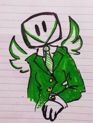  absurd_res ambiguous_gender clothing copic_markers for_a_head formal gallil half-length_portrait hi_res humanoid lined_paper memo_(swapnote) necktie object_head portrait simple_background solo suit swapnote traditional_media_(artwork) vertical_bar_eyes wings 