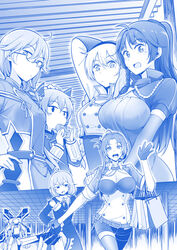  1boy 6+girls ahoge bag blue_theme breasts bronya_zaychik bronya_zaychik_(valkyrie_chariot) captain_(honkai_impact) carrying_bag chinese_commentary cleavage commentary cross cross_(weapon) epaulettes fei_luo_mao food fu_hua fu_hua_(valkyrie_accipiter) getsuyoubi_no_tawawa glasses gloves hair_between_eyes highres himura_kiseki_(style) honkai_(series) honkai_impact_3rd kiana_kaslana kiana_kaslana_(valkyrie_ranger) large_breasts large_cross long_hair low_ponytail military military_uniform mole mole_on_breast monochrome multiple_girls murata_himeko murata_himeko_(battle_storm) oath_of_judah official_style ponytail pov raiden_mei raiden_mei_(valkyrie_bladestrike) shopping_bag shorts smile theresa_apocalypse theresa_apocalypse_(valkyrie_pledge) thighhighs uniform waving 