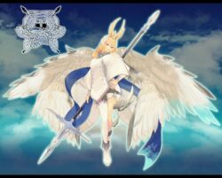  absurdres asymmetrical_legwear bad_id bad_pixiv_id blonde_hair blue_eyes blue_sky cloud commentary_request crown feathered_wings female full_body grey_scarf hair_ornament hair_wings hand_on_own_hip highres holding holding_polearm holding_weapon long_hair long_sleeves looking_at_viewer nail_polish outdoors pixiv_fantasia pixiv_fantasia_last_saga polearm red_nails rererenoren scarf sky solo trudy_(pixiv_fantasia_last_saga) uneven_legwear weapon white_legwear white_wings wings 