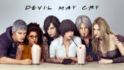  black_hair blonde_hair breasts cherry cleavage cyan-th dante_(devil_may_cry) devil_may_cry devil_may_cry_5 drinking drinking_straw f.r.i.e.n.d.s food fruit glasses highres lady_(devil_may_cry) milkshake nero_(devil_may_cry) nico_(devil_may_cry) parody sipping tagme tattoo trish_(devil_may_cry) v_(devil_may_cry) white_hair 