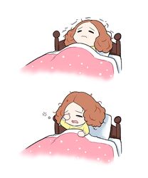  3: bad_id bad_twitter_id bed blanket brown_hair commentary_request female highres korean_commentary messy_hair okumura_haru on_bed open_mouth pajamas persona persona_5 pillow roviahc rubbing_eyes sleeping sleepy solo trembling under_covers waking_up 