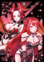  2girls absurdres artist_request bare_shoulders blush breasts cleavage demon_girl demon_horns double_bun epis_(king&#039;s_raid) erze_(king&#039;s_raid) highres horns king&#039;s_raid large_breasts long_hair looking_at_viewer multiple_girls purple_eyes red_eyes red_hair shiny shiny_hair shiny_skin short_hair smile succubus vampire very_long_hair wings 