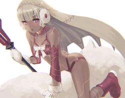  altera_(fate) altera_the_santa_(fate) bad_id bad_pixiv_id bare_shoulders blonde_hair blush bow breasts choker dark-skinned_female dark_skin detached_sleeves earmuffs fate/grand_order fate_(series) female full-body_tattoo gale_kawaii headdress mittens open_mouth red_eyes red_footwear revealing_clothes short_hair sitting small_breasts solo tattoo veil white_bow white_mittens 